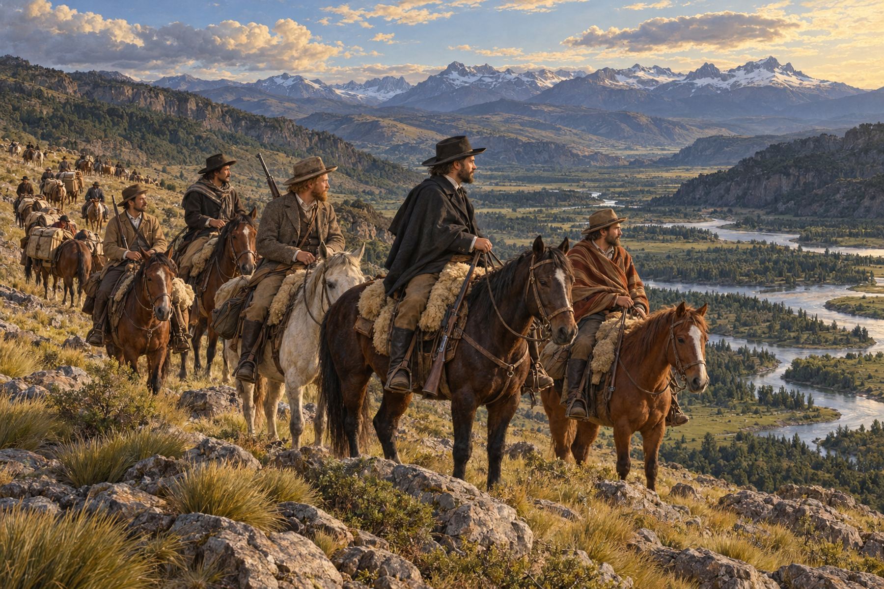 Ilustración de los Rifleros del Chubut llegando al valle Cwm Hyfryd, 1885